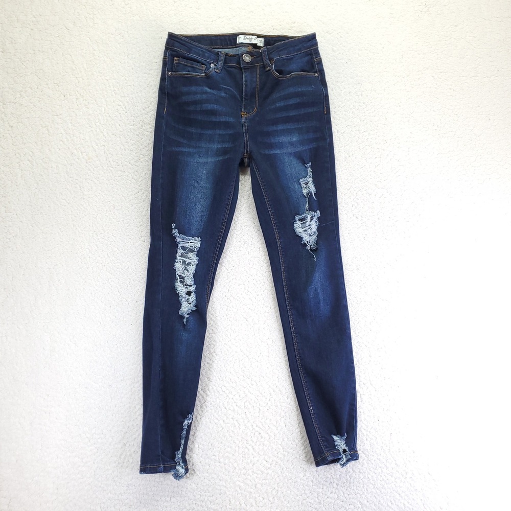 Indigo Rein Womens Size 5 Distressed Skinny Jeans Dark Wash Ripped Frayed Hem